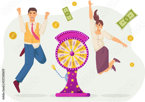 Excited happy man and woman winning money at wheel of fortune. Lucky players won jackpot in casino, money flying around them. Gambling, game of chance, luck cartoon vector