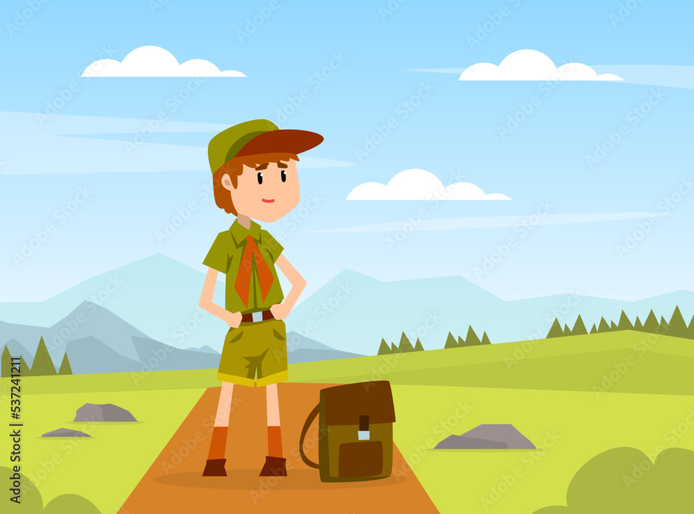 Boy Scout Cartoon Character in Khaki Costume Standing with Backpack Vector Illustration Boy Scout Cartoon Character in Khaki Costume Standing with Backpack Vector Illustration