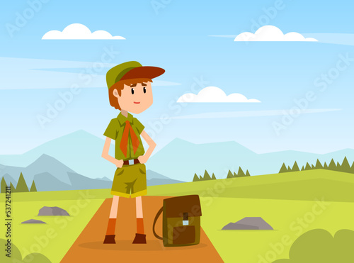 Boy Scout Cartoon Character in Khaki Costume Standing with Backpack Vector Illustration