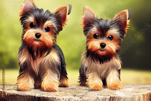 two puppies sit on a tree stump outside, two little yorkies sitting next to each other. Generative AI photo