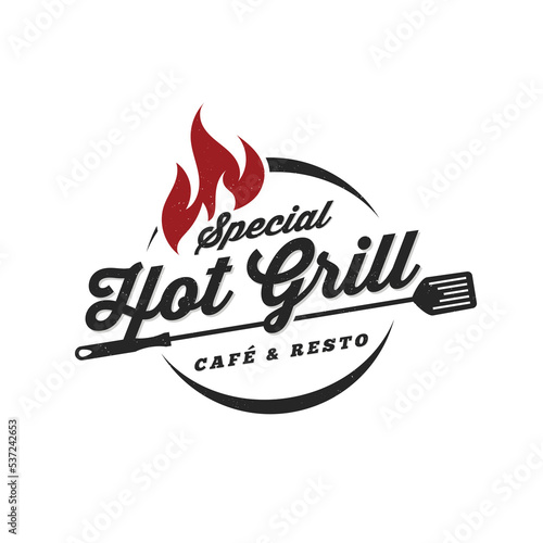 Vintage hot grilled barbecue logo, retro BBQ vector, fire grill food and restaurant icon, Red fire icon