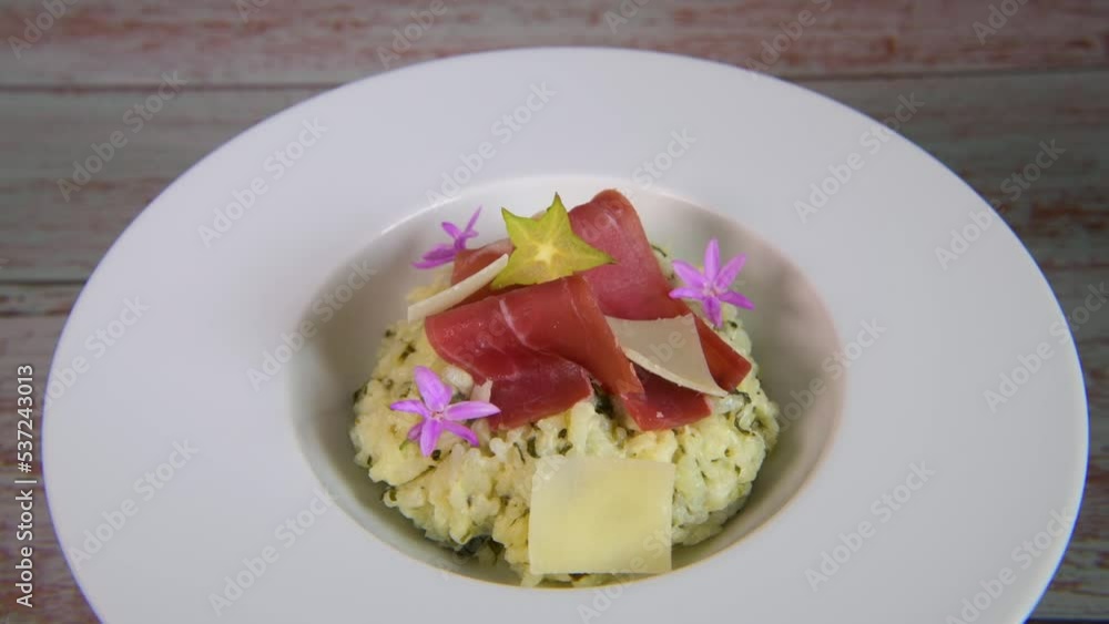 Recipe for risotto with dry ham, parmesan and rocket. High quality photo Recipe for risotto with dry ham, parmesan and rocket. High quality photo