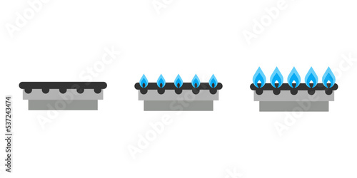 Gas burner with fire set, absence and full blue flame on stove. Saving expensive gas. Hob on gas stove. Home cooking plate in kitchen. Vector flat illustration