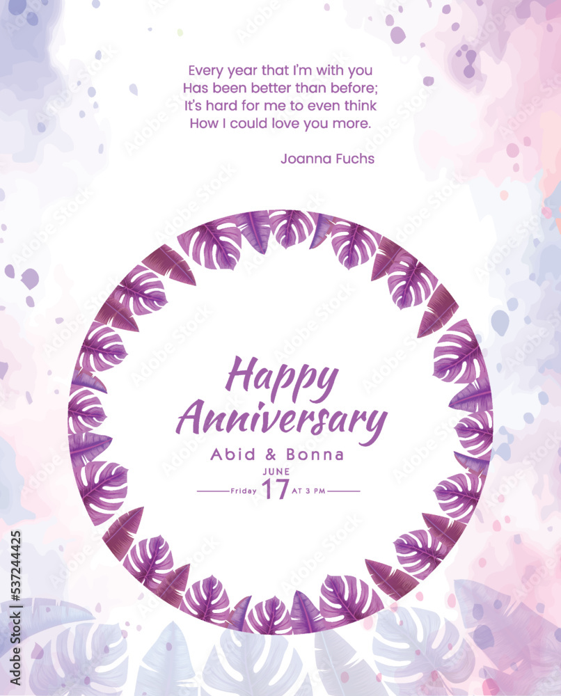Light pink water drop background and tropical palm leaves anniversary card
