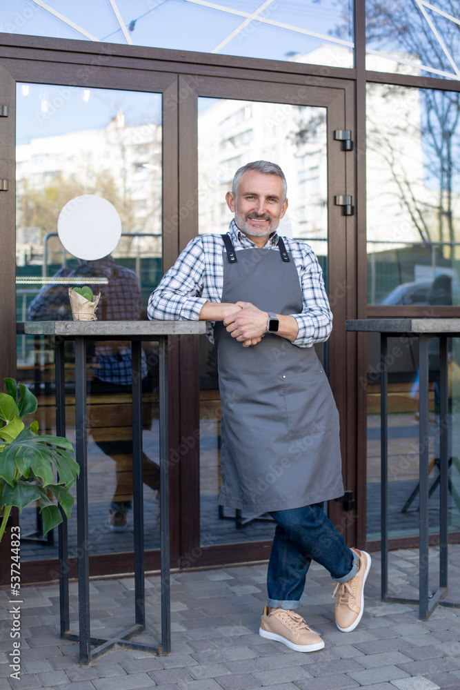 Mature man in plaid shirt and apron standing at the cafe entrance Mature man in plaid shirt and apron standing at the cafe entrance