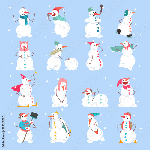 White Snowman Character Made of Snow with Hands and Legs Engaged in Different Activity Vector Set