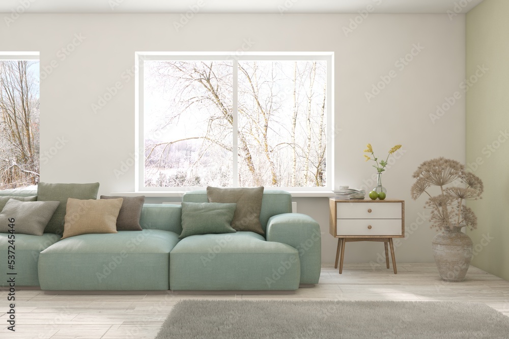 White living room with sofa and winter landscape in window. Scandinavian interior design. 3D illustration White living room with sofa and winter landscape in window. Scandinavian interior design. 3D illustration