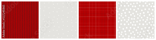 Cozy winter print set. Red and white plaid, snow spot and herringbone seamless pattern collection for Christmas poster background, textile or decorative wrapping paper. 