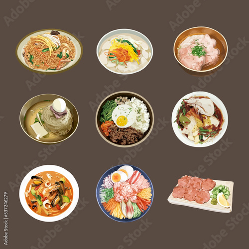 Traditional Korean Food Watercolor Vector Illustration.