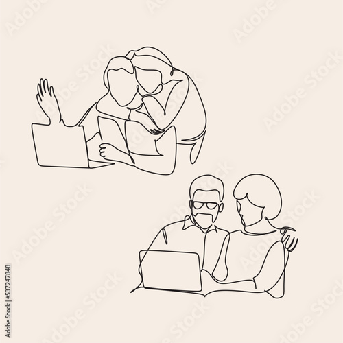 Elderly couple in continuous line art drawing style. Romantic elderly couple dancing. Old grandfather and grandmother. Continuous one line drawing. Happy grandparents isolated on white background.