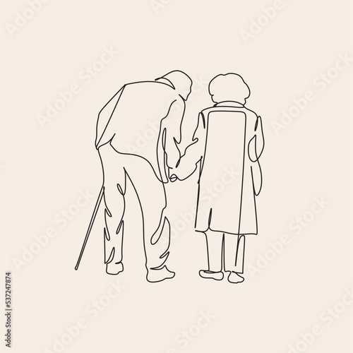 Elderly couple in continuous line art drawing style. Senior man and woman walking together holding hands. Minimalist black linear sketch isolated on white background. Vector illustration