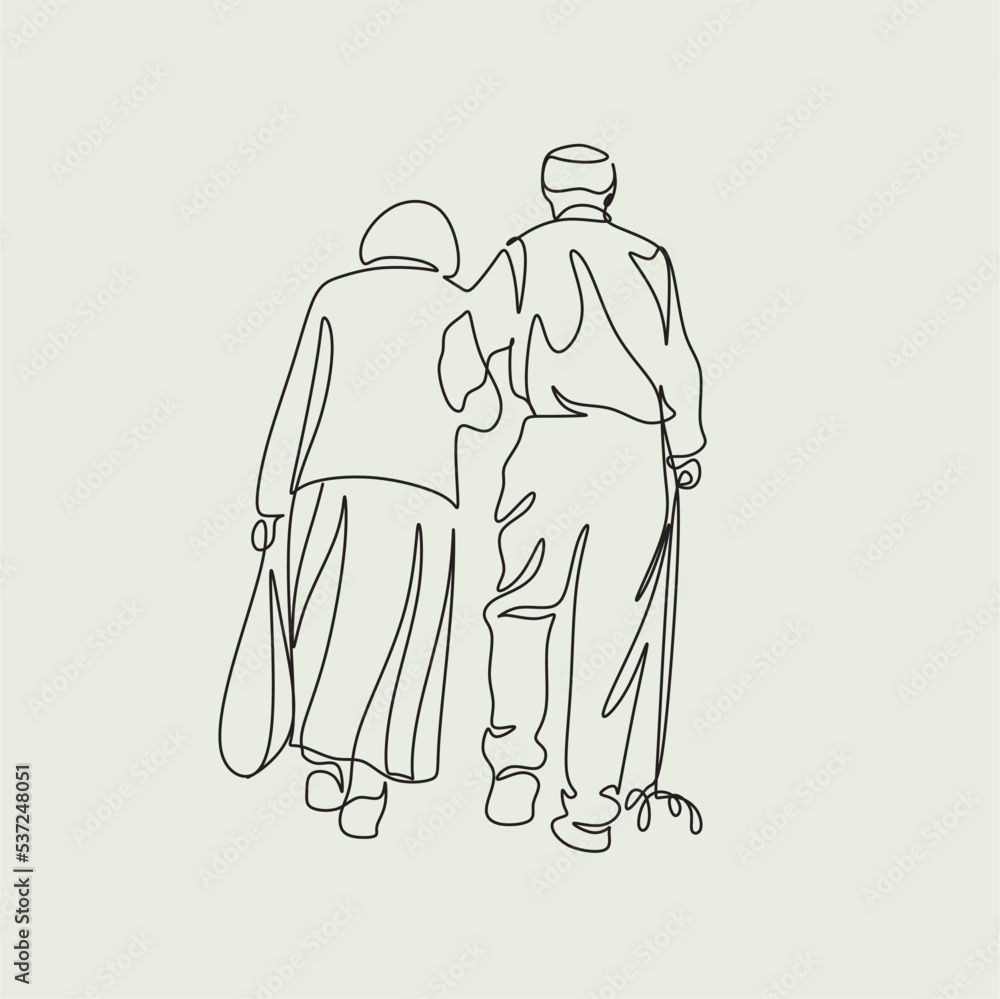 Obraz premium Elderly couple in continuous line art drawing style. Senior man and woman walking together holding hands. Minimalist black linear sketch isolated on white background. Vector illustration