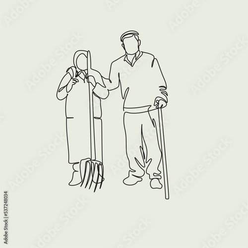 Elderly couple in continuous line art drawing style. Senior man and woman walking together holding hands. Minimalist black linear sketch isolated on white background. Vector illustration