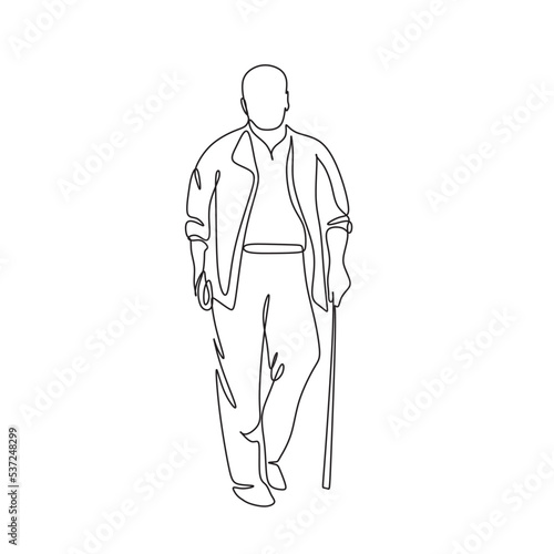 Elderly overweight man with stick. Continuous one line drawing. Vector illustration. Continuous one line drawing of full length profile of a senior man walking with a cane Minimal outline concept.