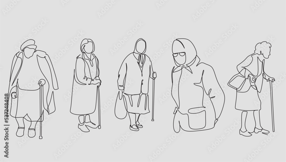 One continuous line drawing, grandmother walking One continuous line drawing, grandmother walking