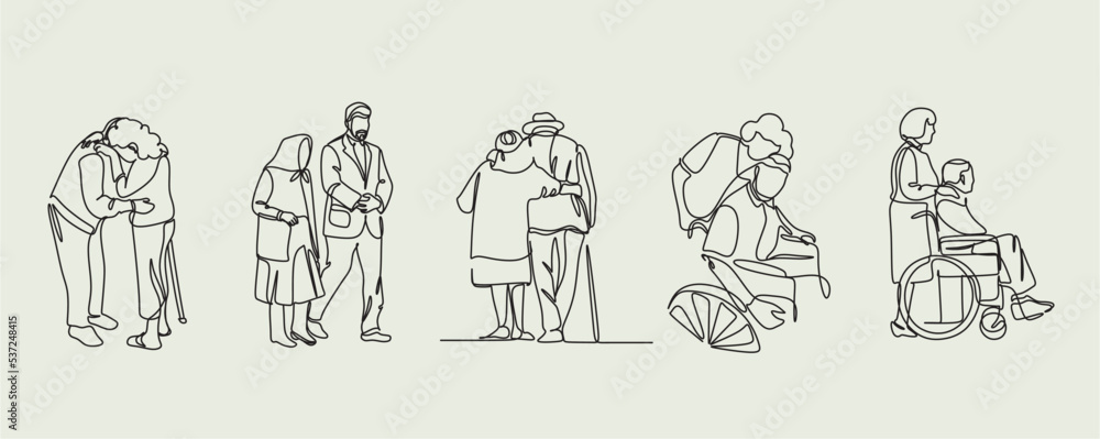 Fototapeta premium Elderly couple in continuous line art drawing style. Senior man and woman walking together holding hands. Minimalist black linear sketch isolated on white background. Vector illustration