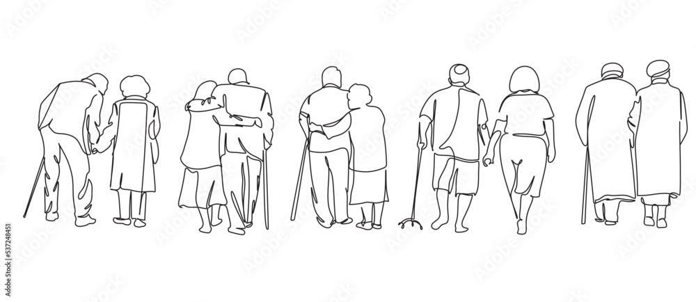 Elderly couple in continuous line art drawing style. Senior man and woman walking together holding hands. Minimalist black linear sketch isolated on white background. Vector illustration Elderly couple in continuous line art drawing style. Senior man and woman walking together holding hands. Minimalist black linear sketch isolated on white background. Vector illustration