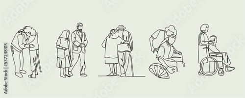 Elderly couple in continuous line art drawing style. Senior man and woman walking together holding hands. Minimalist black linear sketch isolated on white background. Vector illustration