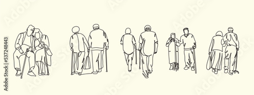 Elderly couple in continuous line art drawing style. Senior man and woman walking together holding hands. Minimalist black linear sketch isolated on white background. Vector illustration