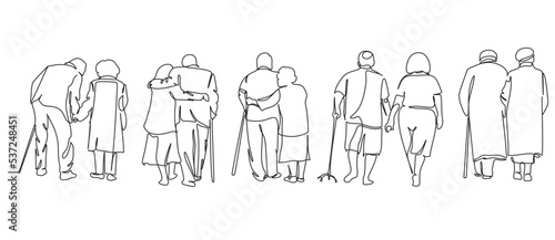 Elderly couple in continuous line art drawing style. Senior man and woman walking together holding hands. Minimalist black linear sketch isolated on white background. Vector illustration