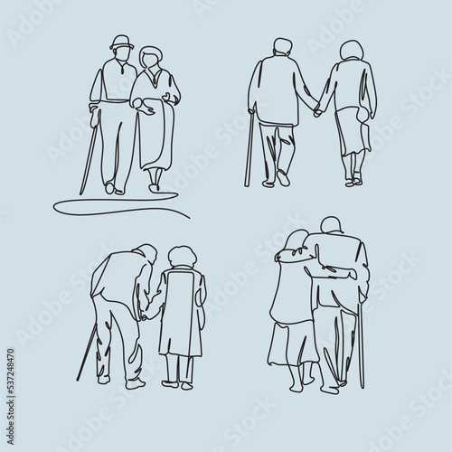 Elderly couple in continuous line art drawing style. Senior man and woman walking together holding hands. Minimalist black linear sketch isolated on white background. Vector illustration