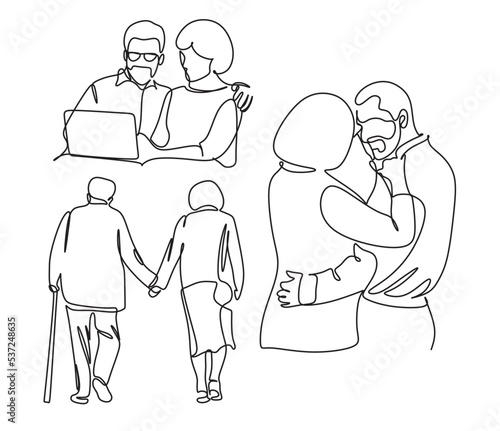 Elderly couple in continuous line art drawing style. Senior man and woman walking together holding hands. Minimalist black linear sketch isolated on white background. Vector illustration