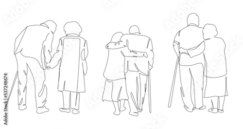 Old couple in continuous line art drawing style. Senior man and woman walking together holding hands. Black minimalist linear sketch isolated on a white background. Vector illustration