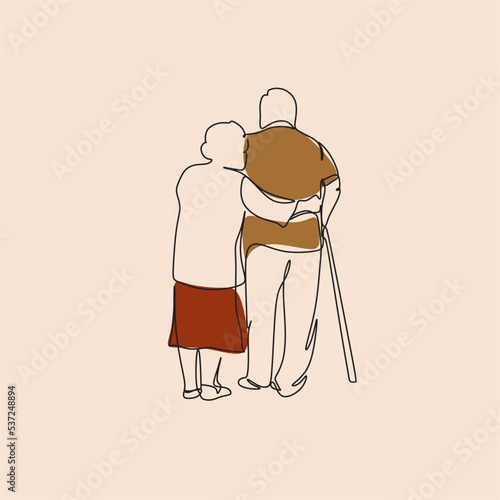 Elderly couple in continuous line art drawing style. Senior man and woman walking together holding hands. Minimalist black linear sketch isolated on white background. Vector illustration