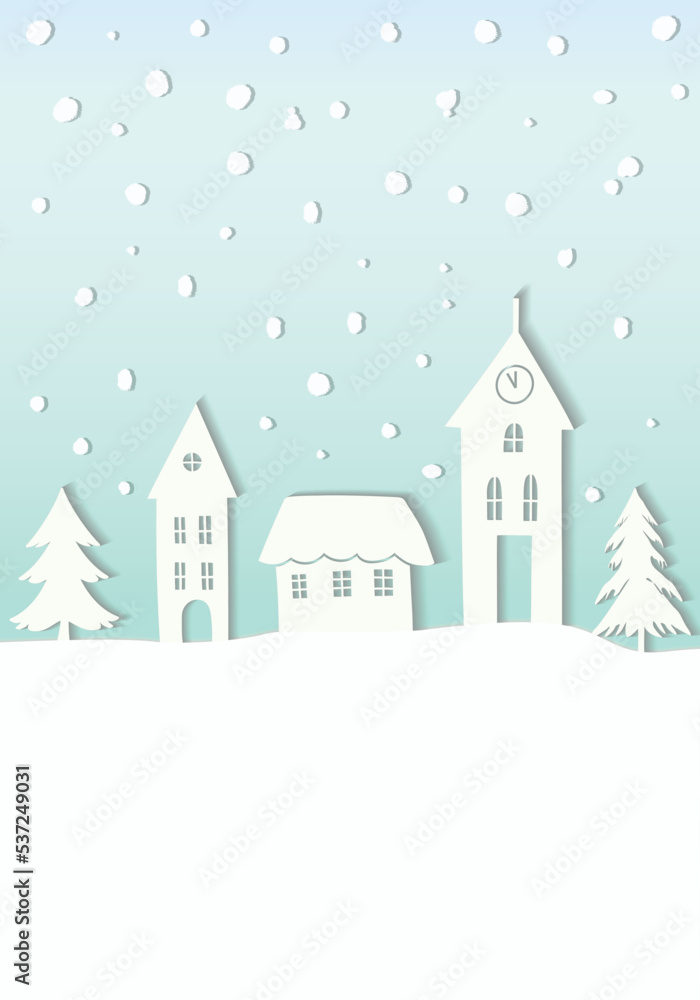Fototapeta premium Christmas New Year card banner with doodle rural houses forest trees falling snow. Cozy winter scene illustration in vintage style