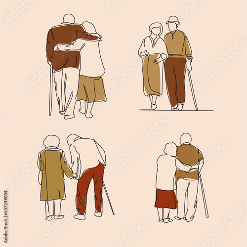 Old couple in continuous line art drawing style. Senior man and woman walking together holding hands. Black minimalist linear sketch isolated on a white background. Vector illustration