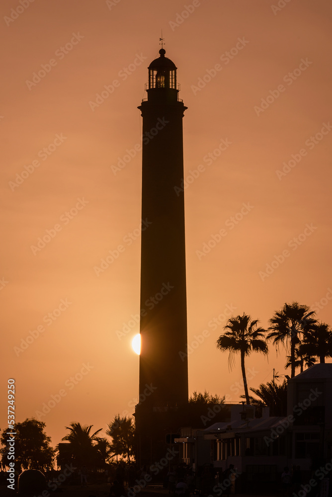 Sunset over Maspalomas lighthouse, Las Palmas province, Gran Canary, Canary Islands, Spain