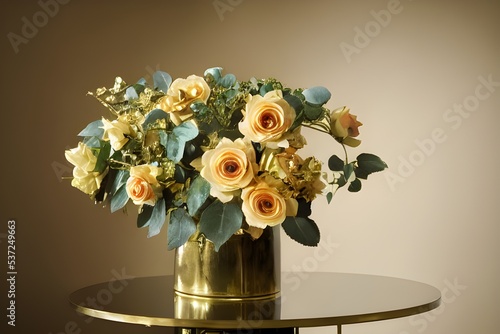 A bouquet of beautiful roses in a golden vase. 