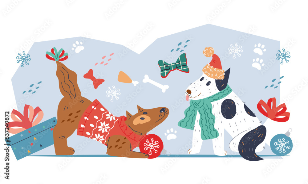 Christmas and New Year banner or greeting poster mockup with funny dogs. Christmas background with cute dogs pets flat cartoon vector illustration isolated on white. Christmas and New Year banner or greeting poster mockup with funny dogs. Christmas background with cute dogs pets flat cartoon vector illustration isolated on white.