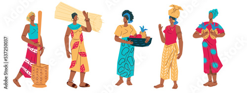 African village women with work tools, flat cartoon vector illustration isolated on white background. Culture and people of Africa. African peasants female characters in traditional clothing.