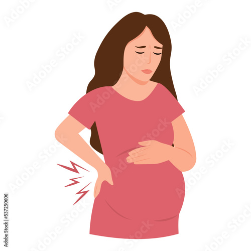Pregnant woman suffering from backache.Spinal discomfort. Vector concept illustration.