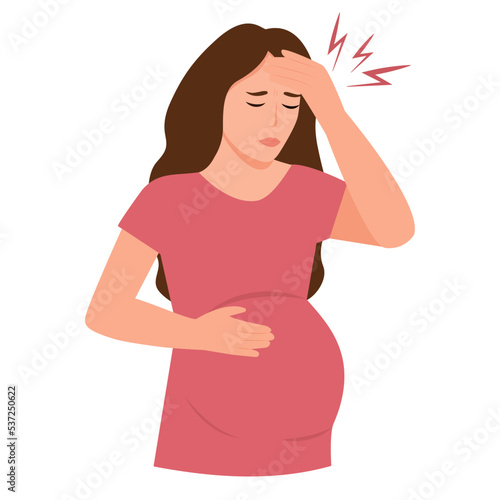 Young pregnant woman suffering from headache. Vector illustration isolated