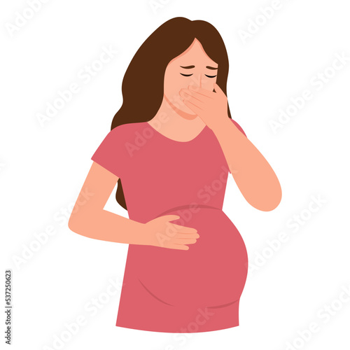 Nausea during pregnancy, vomiting. The pregnant woman suffers from nausea.  Poisoning,Abdominal pain.Isolated flat vector illustration