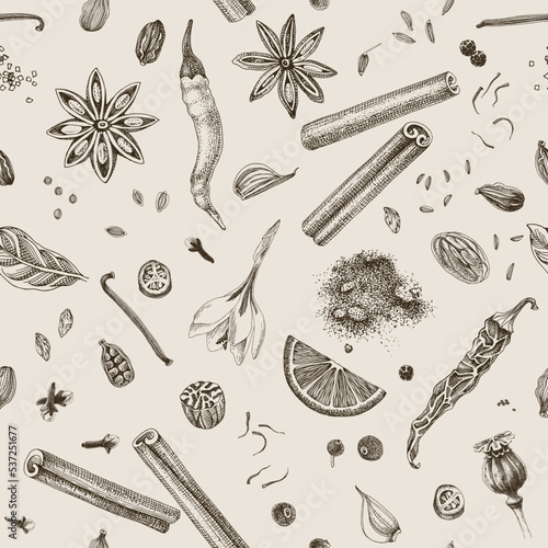 Seamless monochrome pattern with hand draw spices
