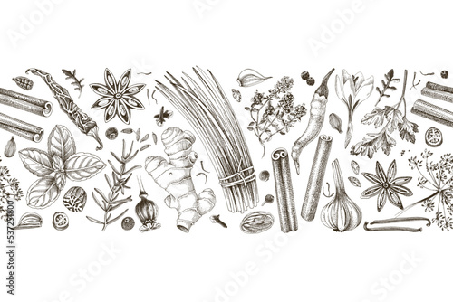 Seamless border with spices on white background