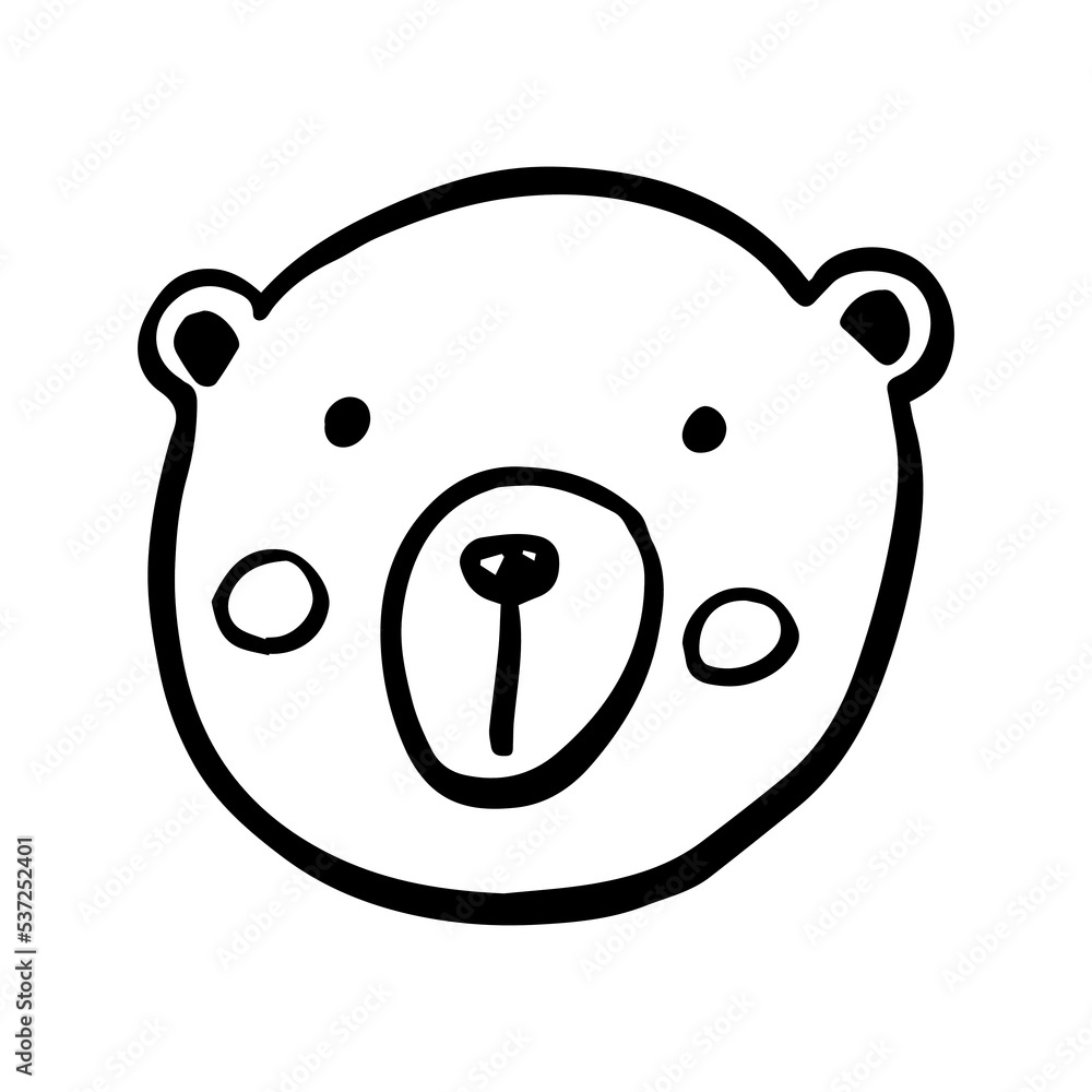 Vector black outline flat cartoon doodle bear face isolated on white background Vector black outline flat cartoon doodle bear face isolated on white background