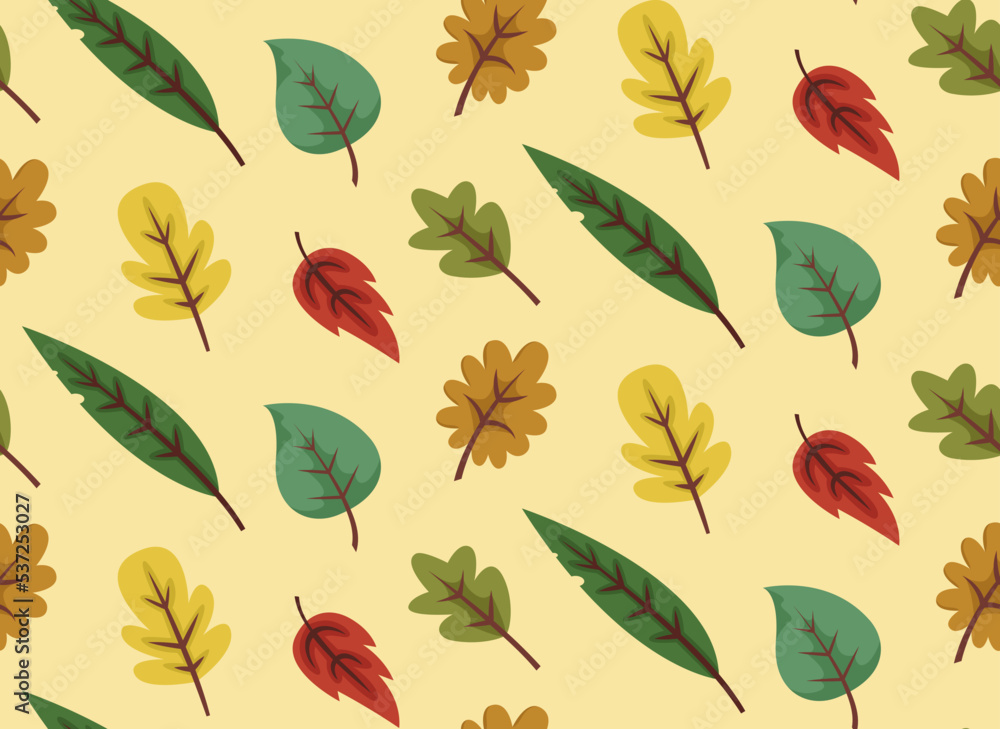 Seamless pattern with different leaves. Beautiful nature texture in cartoon style.