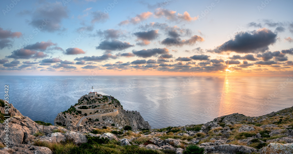 Panorama of lighthouse at dawn, Cap de Formentor, Mallorca, Spain Panorama of lighthouse at dawn, Cap de Formentor, Mallorca, Spain