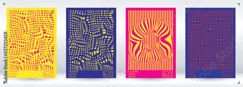Geometrical Poster Design with Optical Illusion Effect.  Modern Psychedelic Cover Page Collection. Colourful Wave Lines Background. Fluid Stripes Art. Swiss Design. Vector Illustration for Brochure.