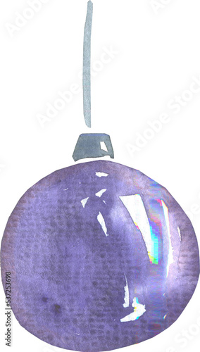 Violet christmas tree toy. Christmas decor. Watercolor illustration.