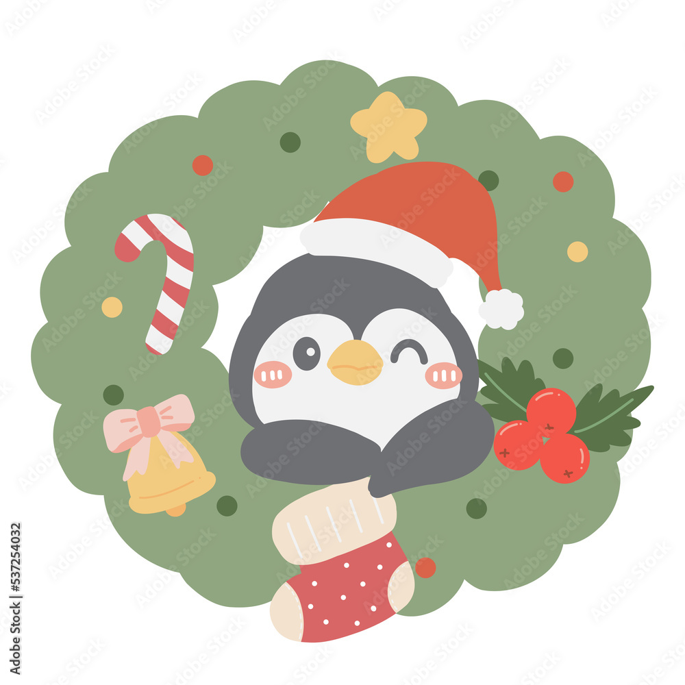Fototapeta premium Cute cartoon happy penguin with Christmas wreath illustration for kids book