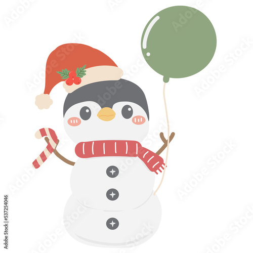 Cute cartoon penguin snowman with santa hat and balloons for merry Christmas illustration 