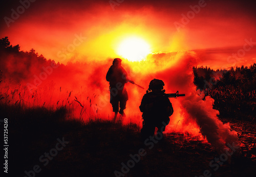 United States Marines in action. Military action, desert battlefield, smoke grenades., fire and explosions. Sun setting, dark silhouettes in the desert