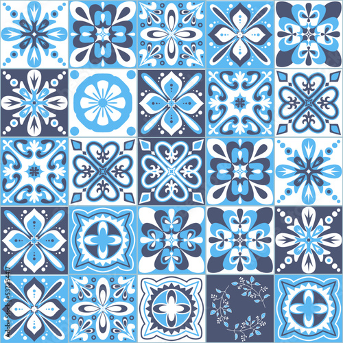 Azulejo talavera blue white ceramic tile portuguese pattern, vector illustration for design