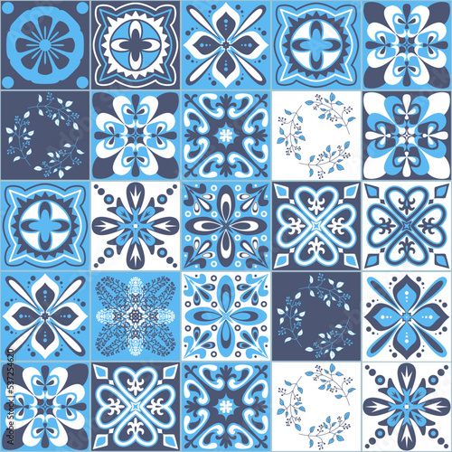 Azulejo majolica ceramic tile blue white traditional organic pattern, arabic style vector illustration for wall decoration