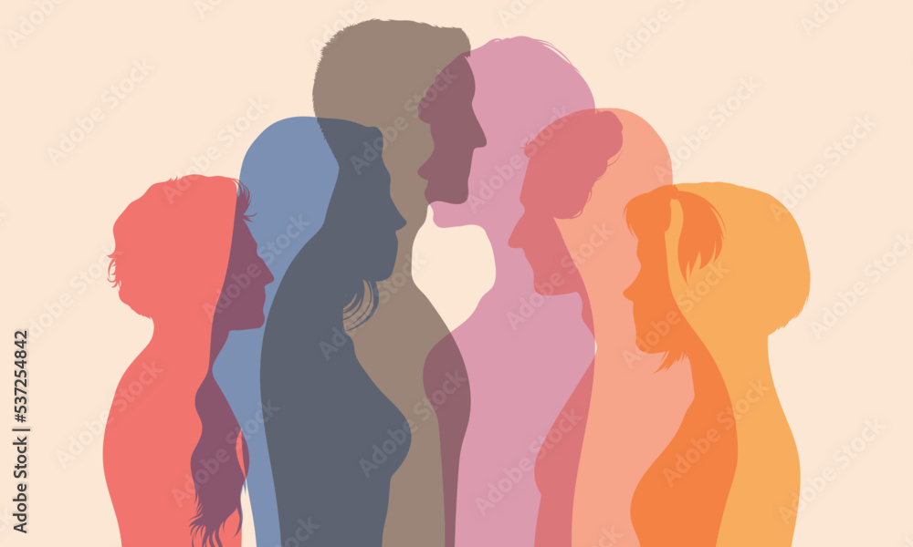 Various ethnicities. Multi-ethnic people in a large group of people. People talking among themselves. Coloured flat character profiles. Many people talking to each other.